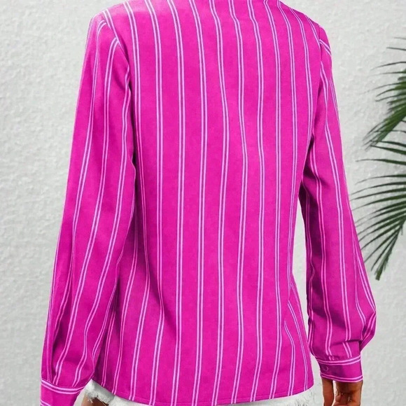Hot Pink Casual Women's Striped Long Sleeve Shirt - Picture 2 of 6